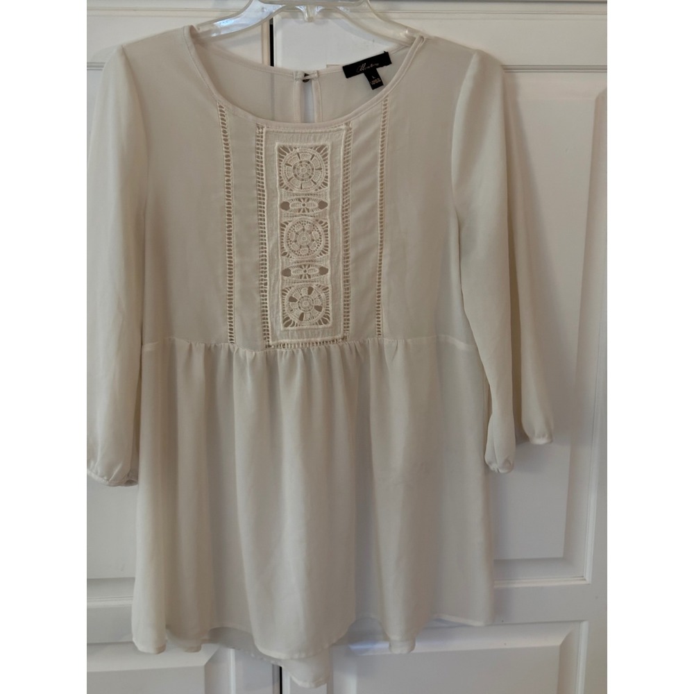 Monteau Womens Cream Crochet Lace Bib‎ Babydoll Blouse 3/4 Sleeve Top Large